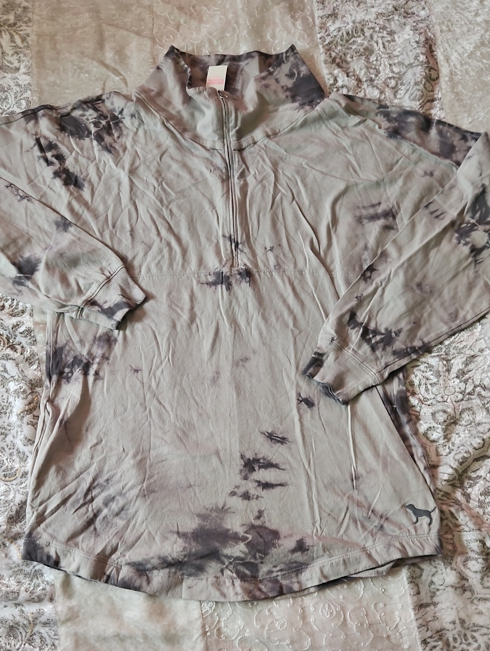 PINK Victoria's Secret Gray Tie-Dye Quarter-Zip Sweatshirt - SMALL